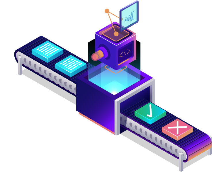 AI-Driven Test Creation - Conveyor belt transforming code into automated tests