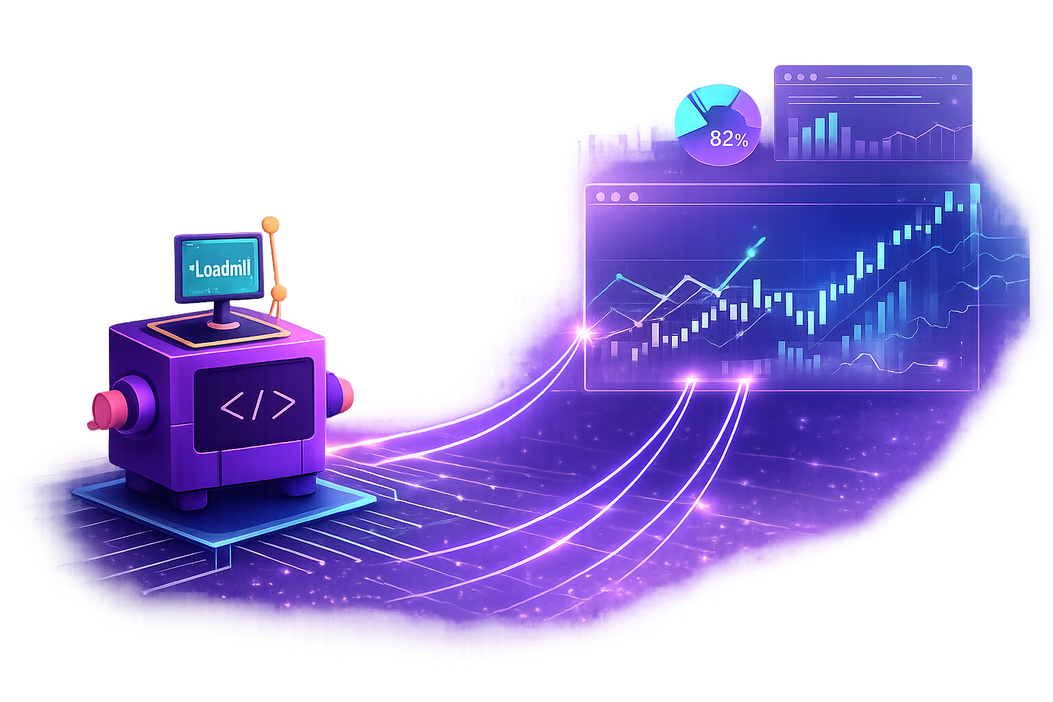 Loadmill robot analyzing financial data and charts