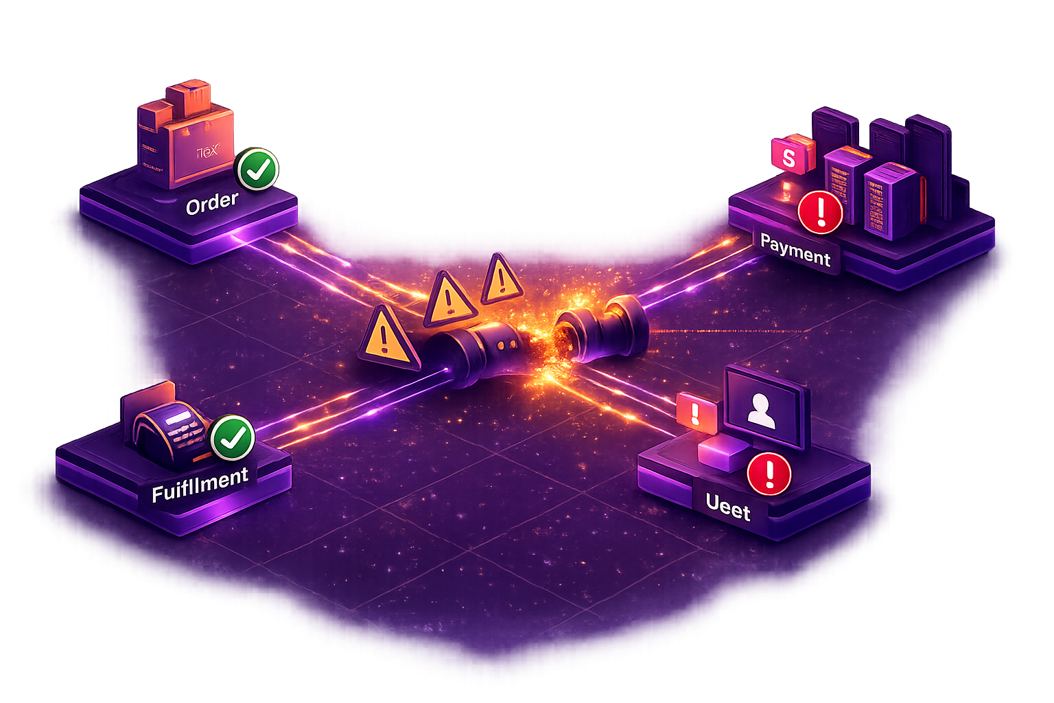 Distributed services with broken connections between Order, Payment, Fulfillment, and User systems