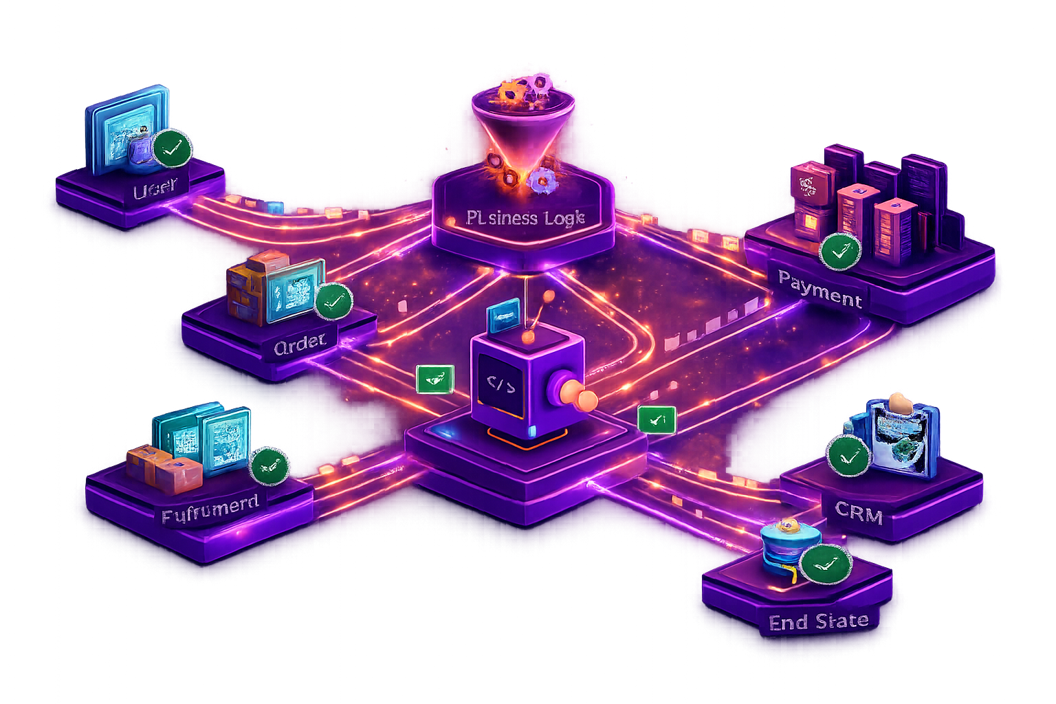 Orchestration testing across business logic, payment, order, fulfillment, CRM, and end state systems