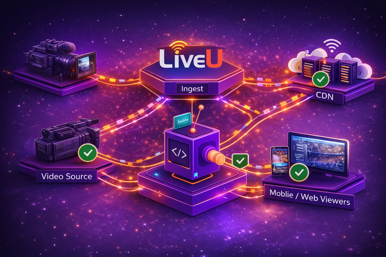 LiveU end-to-end testing workflow showing video source, ingest, CDN, and viewer validation