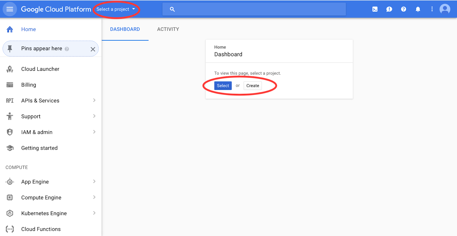 Google Cloud Dashboard - Select Project