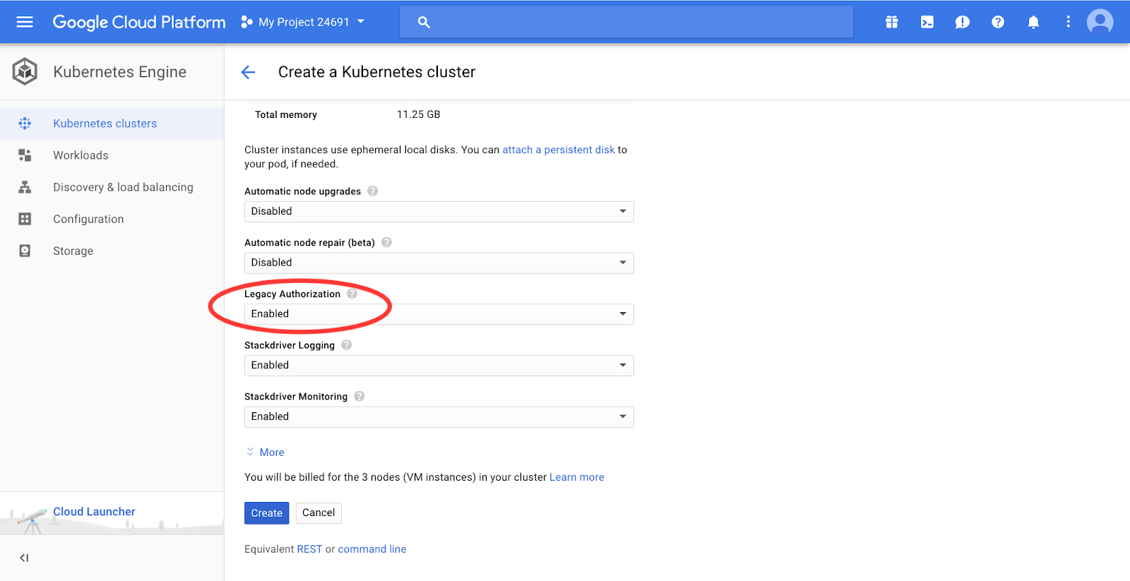 Google Cloud Dashboard - Cluster Settings