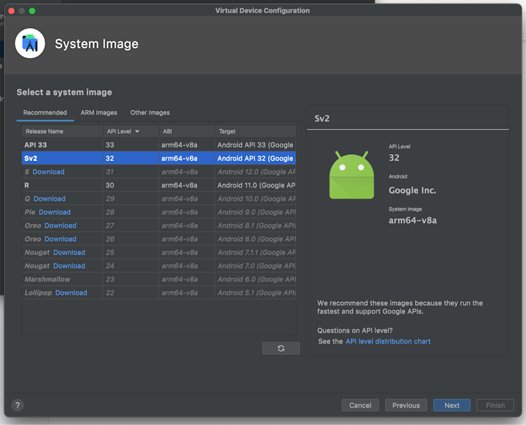 Select API level